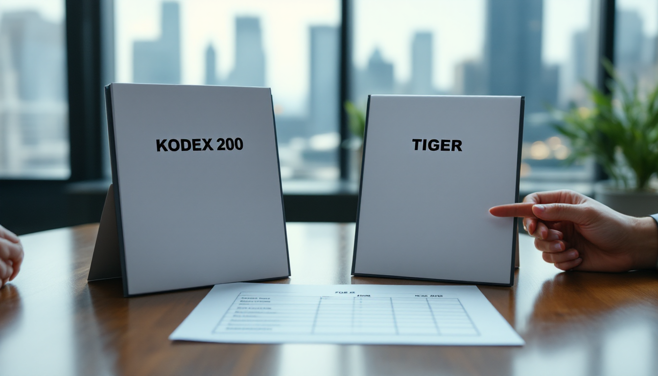 KODEX 200과 TIGER 200 비교표가 놓인 책상과 펜으로 항목을 가리키는 장면