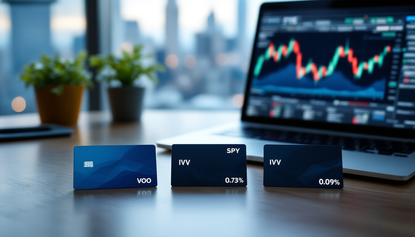 VOO, IVV, SPY 세 가지 ETF 카드와 연간 보수 비교 라벨이 놓인 트레이딩 데스크 사진