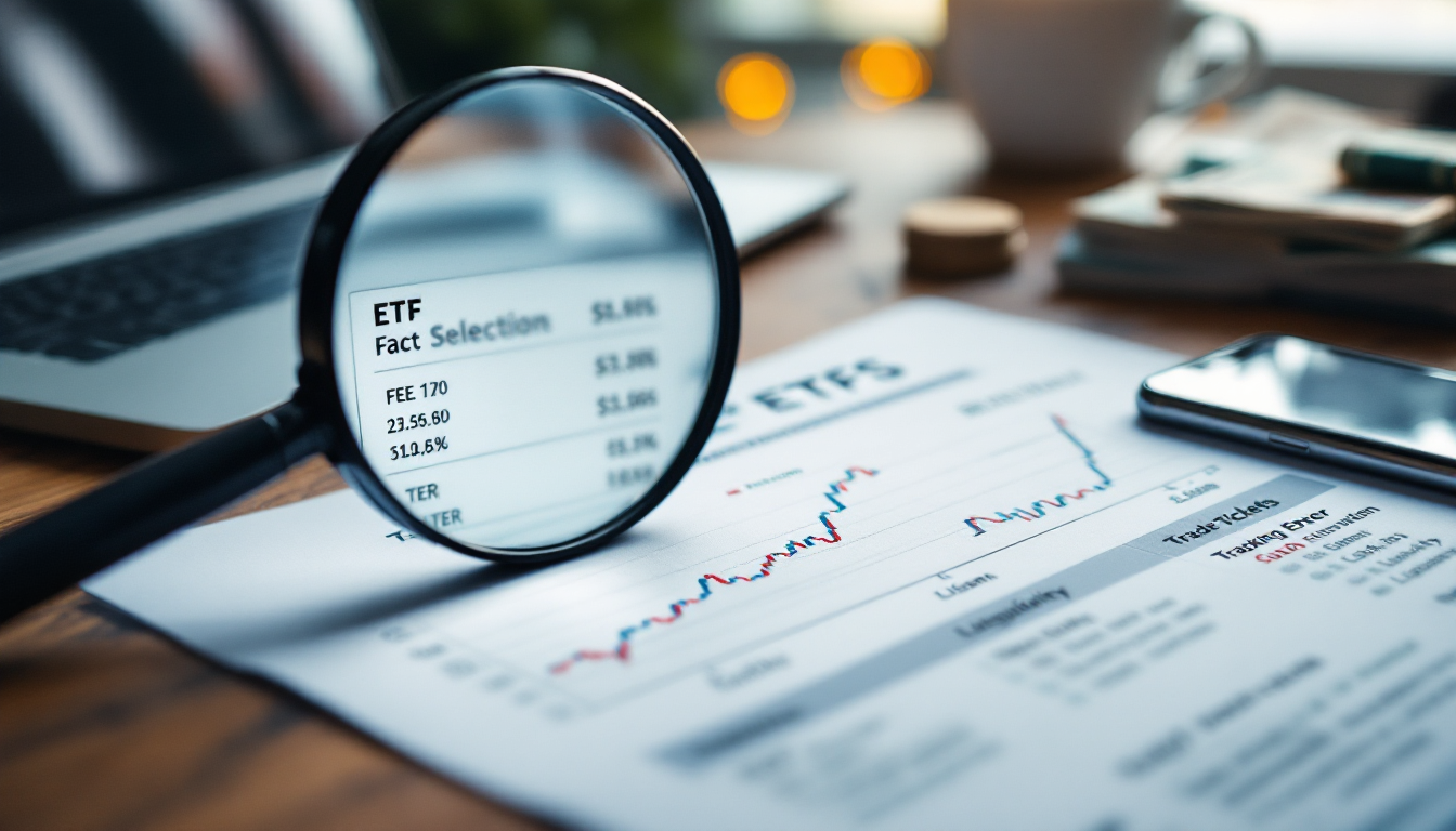 ETF 선택 시 실부담비용, 추적오차, 유동성을 상징하는 확대된 펀드 설명서와 차트, 거래표가 놓인 책상 사진