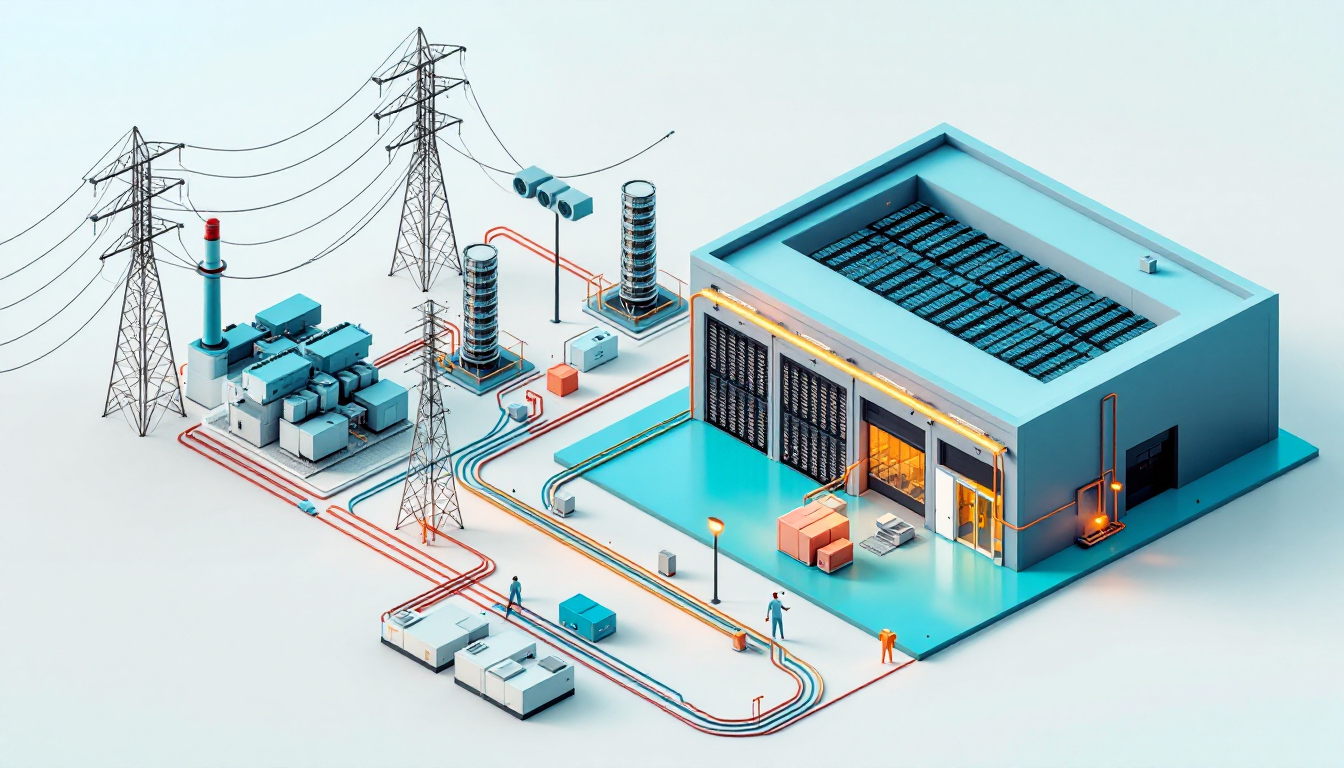 AI 데이터센터 전력 인프라 일러스트: 변압기, 배전반, 전력 케이블, 버스덕트, HVDC