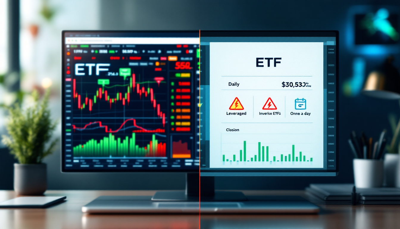 ETF의 실시간 거래 화면과 인덱스펀드의 하루 한 번 가격 확인 화면을 대비시킨 분할 화면, 레버리지·인버스 경고 아이콘 포함