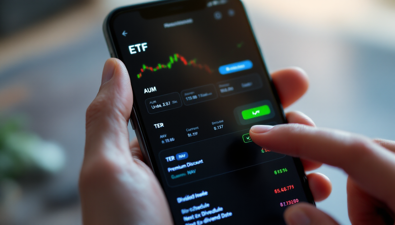 증권사 앱의 ETF 정보창을 보여주는 스마트폰 클로즈업, 이름표 AUM TER NAV 괴리율 배당락 등을 강조한 화면